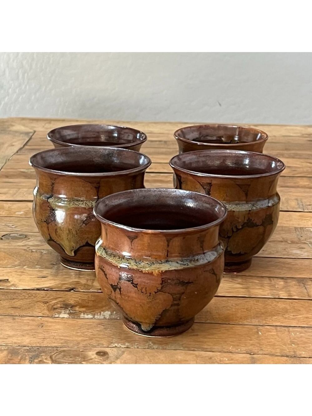 Art Studio Pottery Ceramic Mug Set (5) Unique Marbled Glaze Black Accents